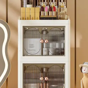 Luxury Foldable Dual-Door Desktop Organizer, Plastic Lipstick Makeup Storage Box, High-End Cosmetic Display Cabinet, Collapsible Storage Organizer