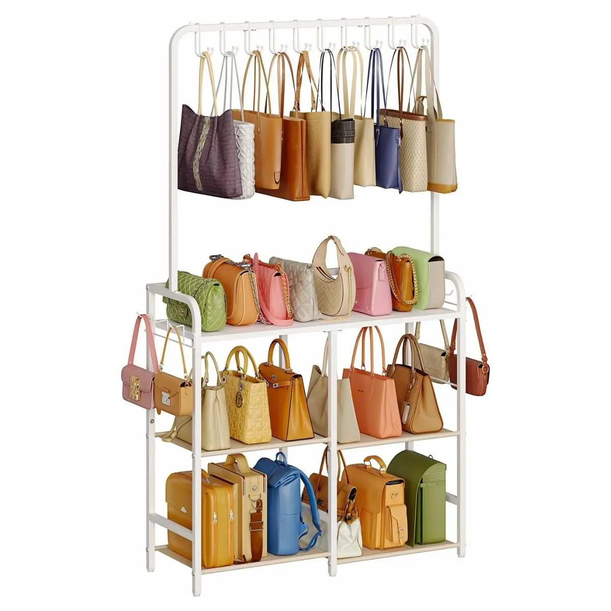 3-Tier Purse Storage Rack – Floor Standing Organizer with Side Hooks