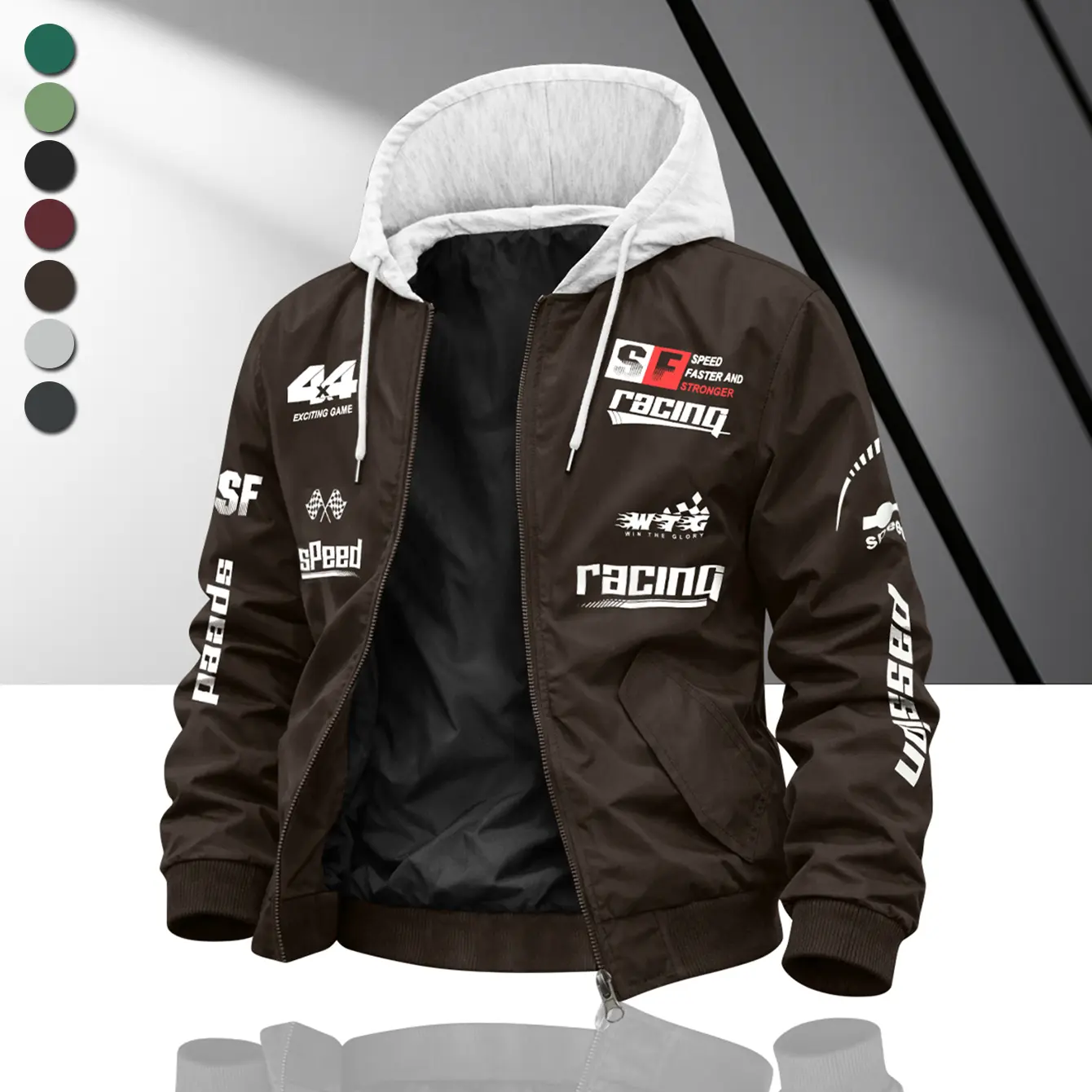 Men’s new letter-print outdoor sports hooded baseball jacket; fashionable casual color-block aviator hoodie; autumn/winter casual zip-up outerwear; trendy street style; relaxed fit for comfort; versatile for outdoor activities; suitable for daily commutin