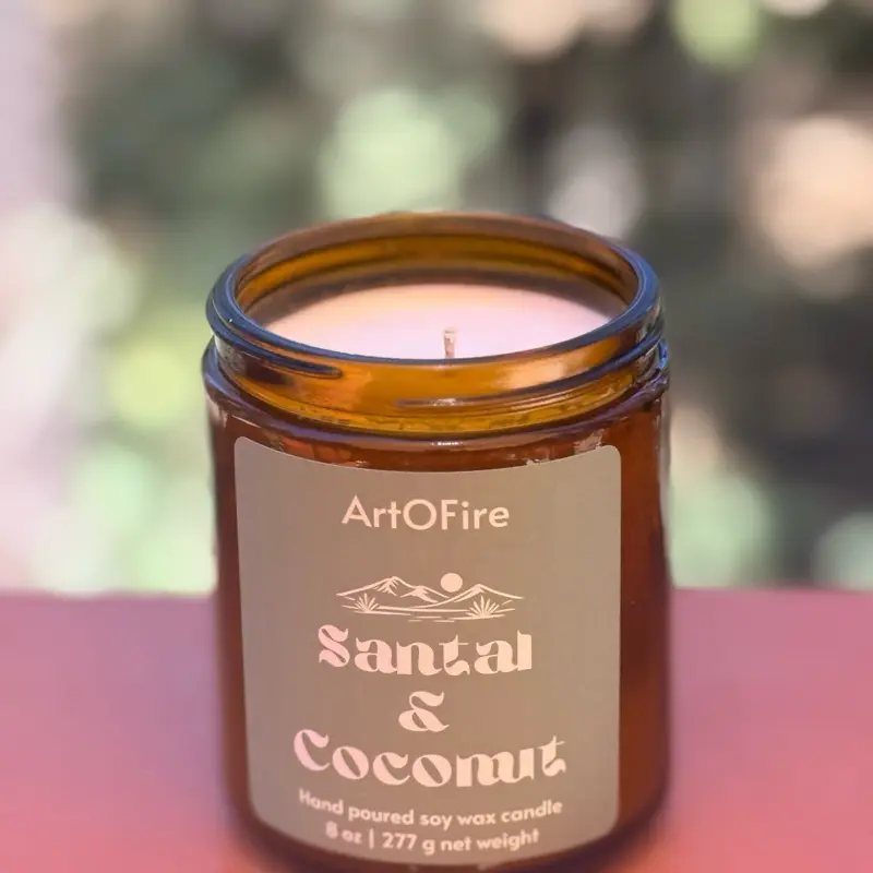 8 oz Santal-Coconut Scented Soy Candle in Amber Jar, Home Decor Accent