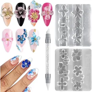 Silicone Nail Art Molds, 2PCS 3D Flowers Nail Charm Molds with Carving Pen Clear Modeling Templates Hibiscus Flowers Cherry Blossom Design Mold for Resin Epoxy Professional Supplies