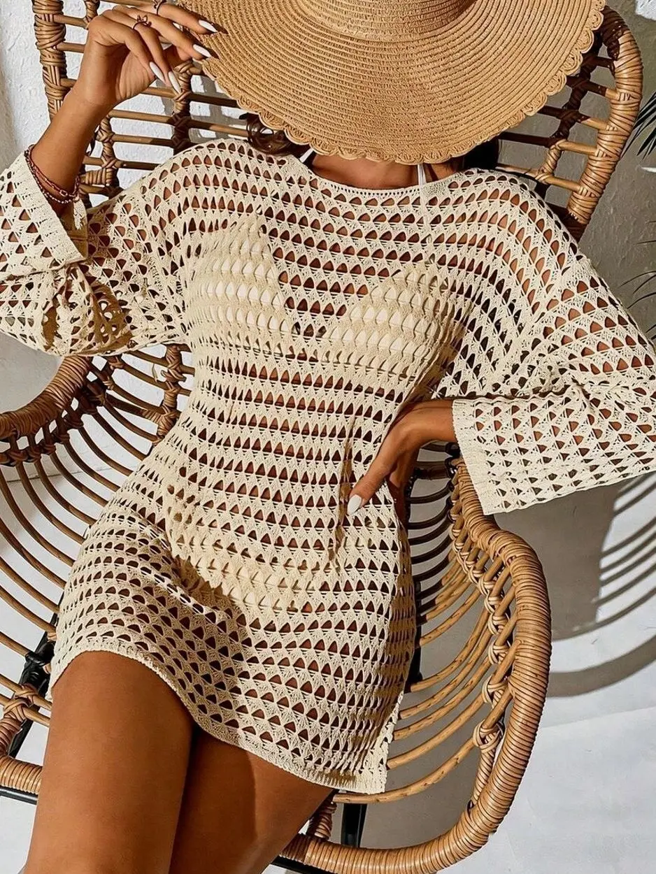 Hollow Out Drop Shoulder Beach Cover Up, Lightweight Knitted Summer Swimwear Dress