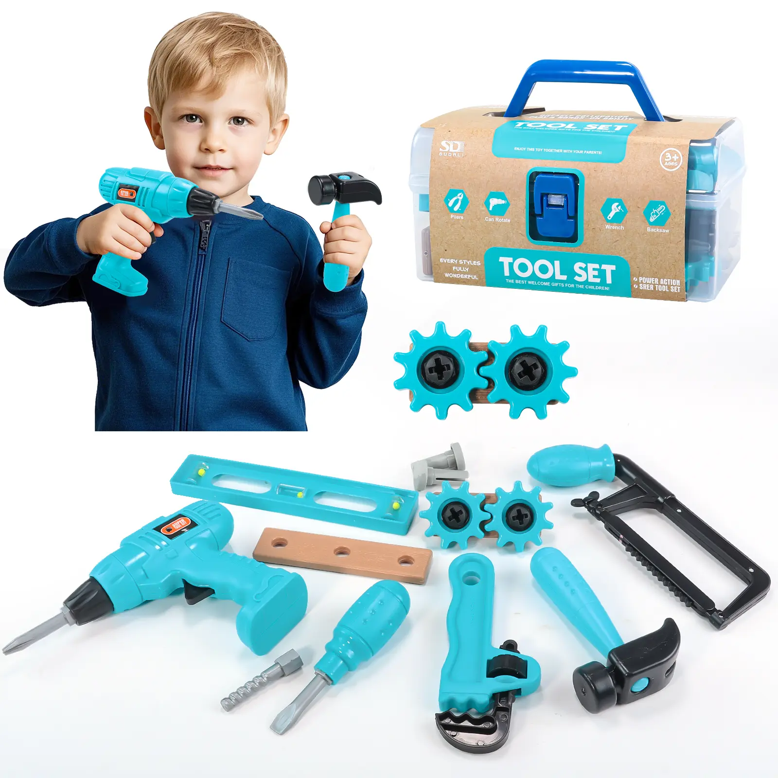 Kids Tool Set – Pretend Play Toddler Tool Set with Tool Box, Toy Drill, Hammer, Screwdriver，Screw Construction Kits, Educational Tools for Kids Ages 3,4,5,6,7 Years Old, Boy Girl Toy