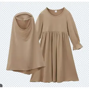 Middle Eastern style two-piece set |               Solid Color Long Sleeve Dress + Headscarf (Spring/Autumn Children's Wear)
