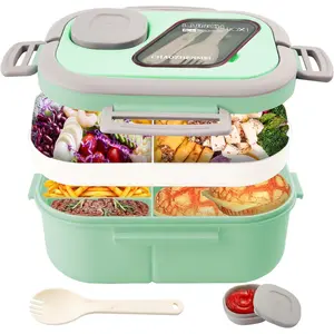 Adults Bento Lunch Box,Salad Container Large 43oz Salad Bowl, Bento-Style Tray for Toppings, 3oz Sauce Container for Dressings, and Built-In  Fork (Green)