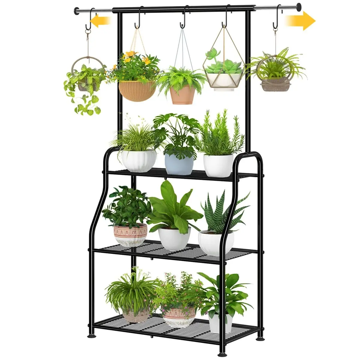 Heavy-Duty Metal 3-Layer Outdoor Plant Stand with Extendable Rods, Vertical Grid, Outdoor Furniture Shelf, 64.00in x 29.00in x 13.00in, 9.30lbs, Includes Hardware, Storage, Hanging Shelf