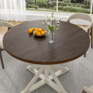 Round Wood Dining Table for Kitchen,Dining Room,Living Room,Farmhouse Dinner Tables W/Thickened Brown Wooden Waterproof Tabletop for 4 People,47 inch Rustic Kitchen Table W/Metal Support