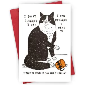 Rebellious Cat Attitude Card & Envelope Gift for Cat Lovers, Pet Owners, Rule Breakers, Sarcastic Friends, Humorous Motivational Keepsake with Toppled Mug Design