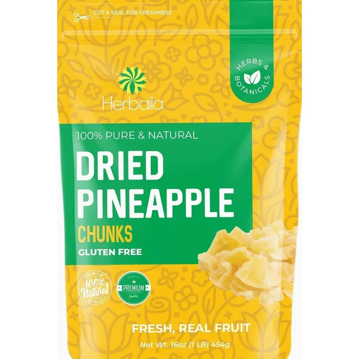 Herbaila Dried Pineapple Chunks, 1 Pound. Dehydrated Pineapple Chunk, Dehydrated Pineapple Bulk, Dried Pineapple Bits. All Natural, Non-GMO, Lightly Sweetened Dried Pineapples, 16 oz.