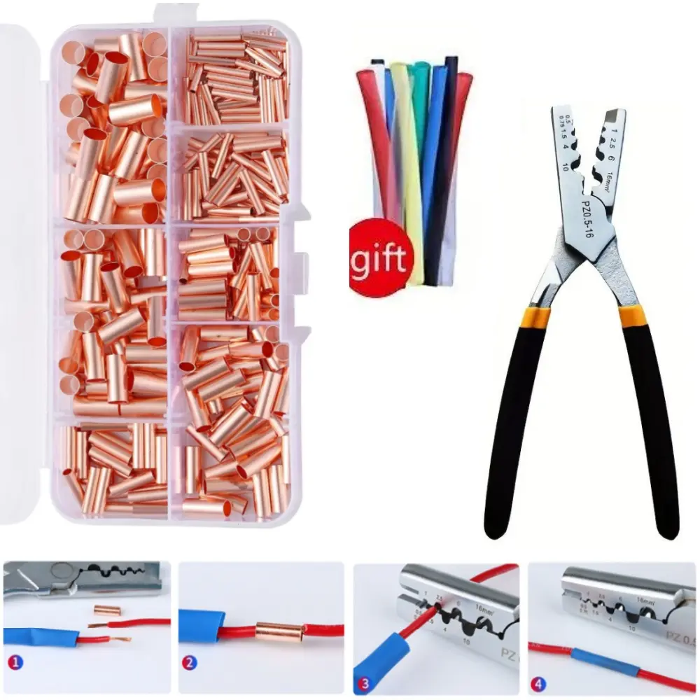 Butt Connector Kit with Crimping Tool, 250pcs Copper Wire Ferrules (7 Sizes, Non-Insulated) for Secure, Conductive, Corrosion-Resistant Connections in Automotive, Home Appliances, Marine Use