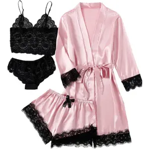 Women's 4pcs Sleepwear Satin Floral Lace Trim Cami Pajama Set with Robe