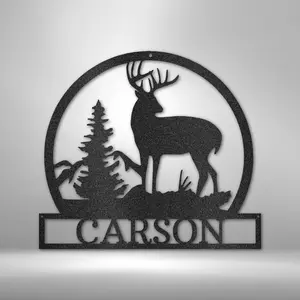Buck and Pine Tree Circle Monogram - Custom Deer Cabin Sign - Outdoor Metal Sign