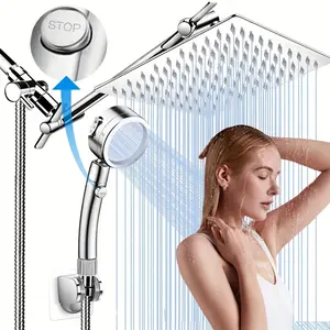 Shower Head, 12-Inch High Pressure Shower Shower Head/Hand Shower Combination, with 11-Inch Extented Arm, 9 Settings Adjustable Leak-Proof Shower Head, with Bracket/Hose, Adjustable Height/Angle