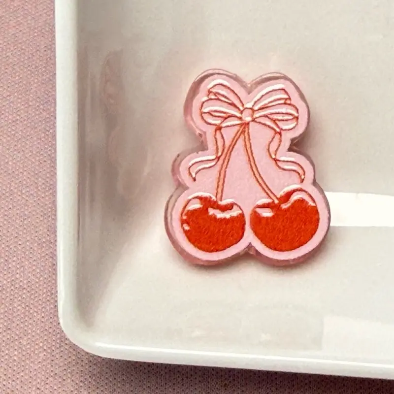 Cherry Ribbon Bow Cherries Flat Acrylic Focal Bead (1 pc), Beads And Accessories, Charms For Crafts