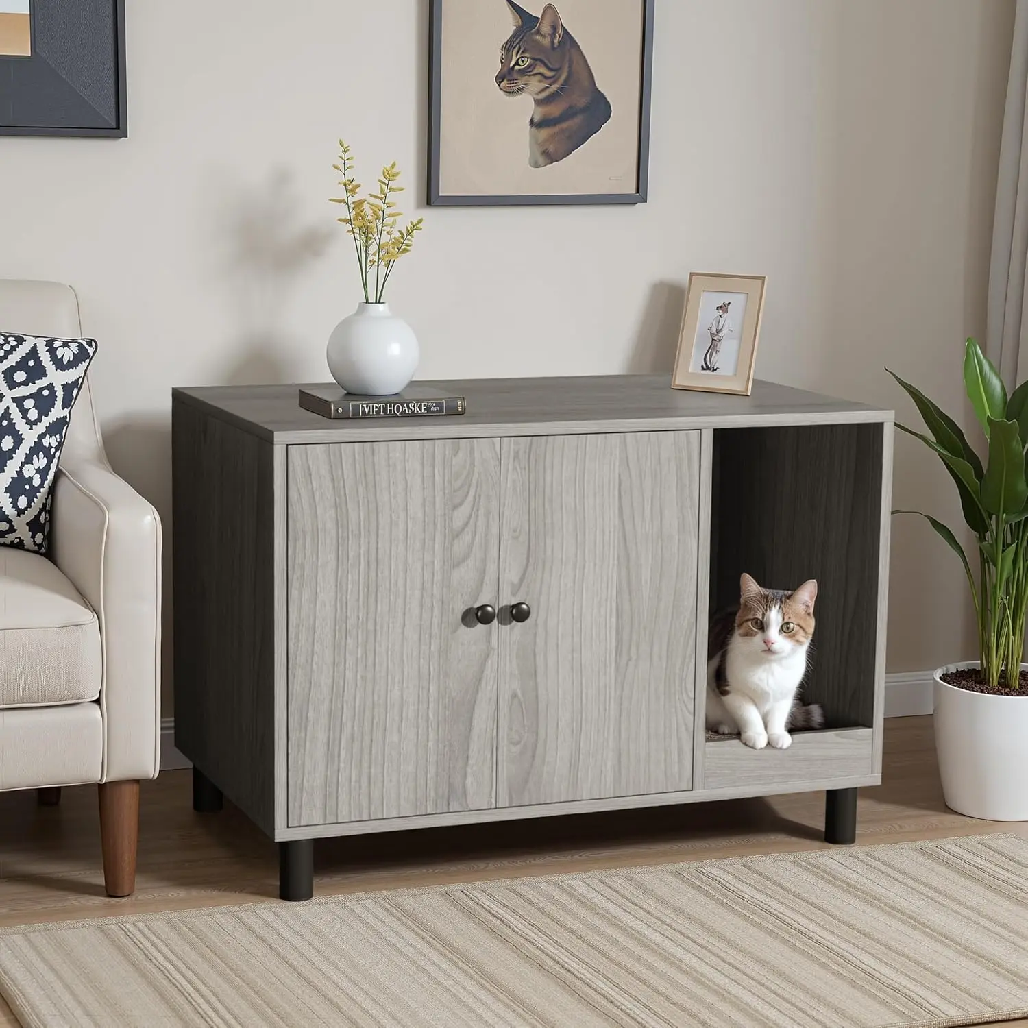 Warcat Cat Litter Box Enclosure, Modern Hidden Litter Box Enclosure Furniture, Hidden Washroom with Scratch Pad, Barn Door Design, Indoor Cat House & End Table #tiktokshopsummersale #summersale