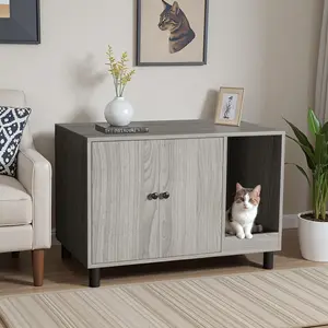 Warcat Cat Litter Box Enclosure, Modern Hidden Litter Box Enclosure Furniture, Hidden Washroom with Scratch Pad, Barn Door Design, Indoor Cat House & End Table February Faves