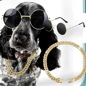 2Pcs Sunglasses Gold Chain Necklace, Dogs & Cats Fashion Costume Accessories Set, Unique Pet Metal Jewelry, Suitable for Small To Medium Pets