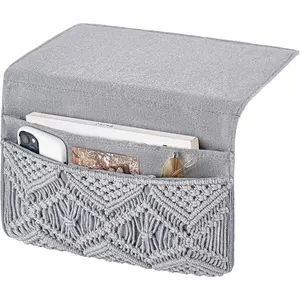 Macrame Bedside  Storage Organizer Boho Remote Control Tablet Magazine Holder with 4 Pockets Non-slip Countertop Bedside  for  Bedroom Living Room College Dorm Bed, Grey