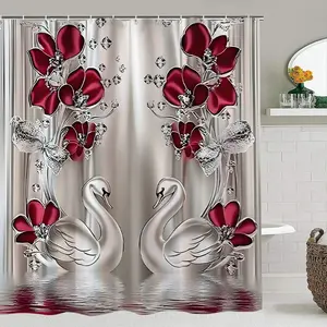 Elegant Swan Diamond Flower Shower Curtain Set, Includes Mat and Toilet Lid Cover, Soft Waterproof Non-Slip Bathroom Restroom Decor Gift, Shower Essentials, Bathroom Decoration Accessories