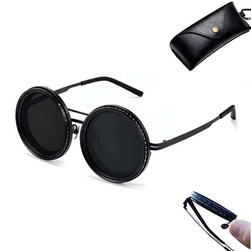 UV400 Round Polarized Sunglasses Adjustable Tint 1-9 Gears ND Filter Anti-Glare Blue Light Protection Men's Gift Outdoor Fun Vintage Titanium Frame