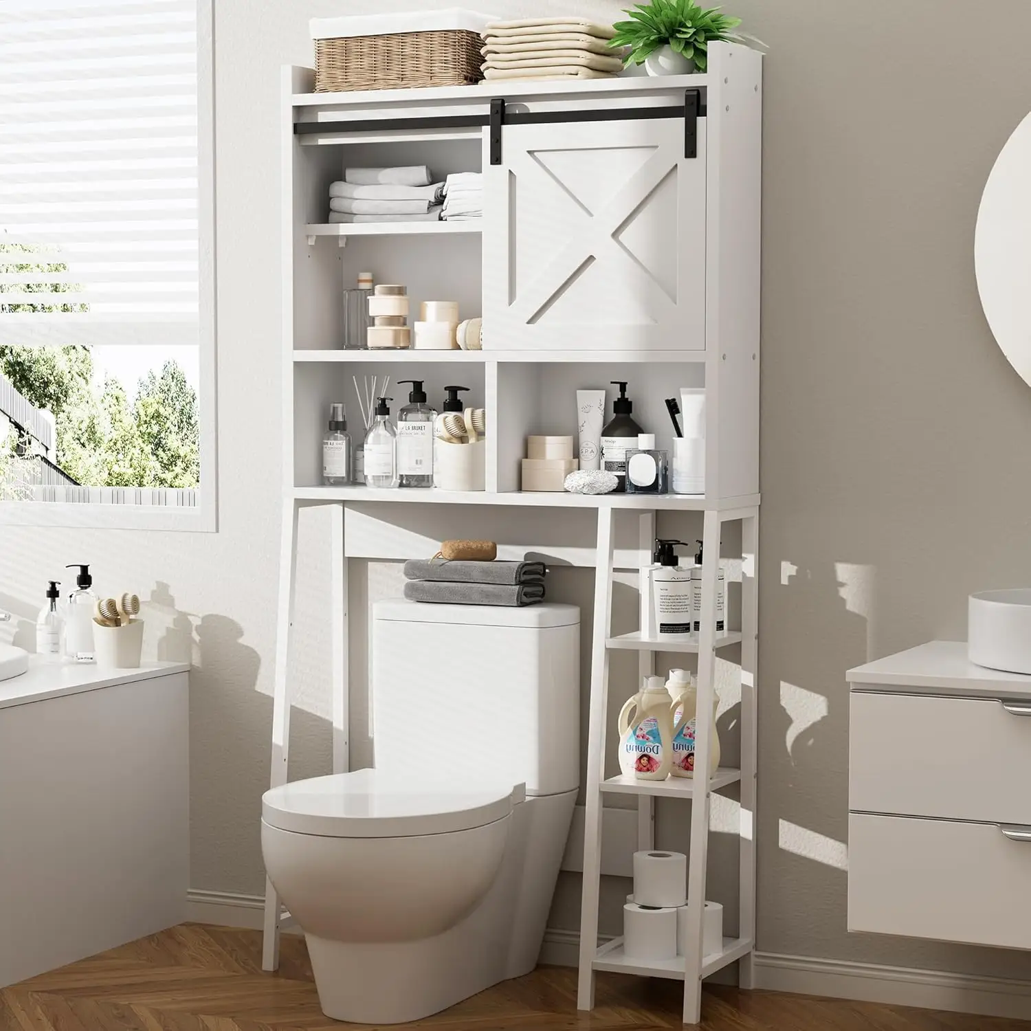 Walsunny Over The Toilet Storage Cabinet, Home Space-Saving Toilet Rack with Adjustable Shelf and Anti-Tip Device for Bathroom, Laundry, White Wood