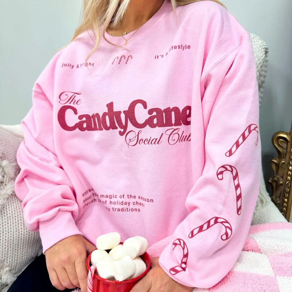 Lady's Baggy "Candy Cane Social Club" Crewneck Hoodie Clothes, Festive Sleeve Print Vibe, Women