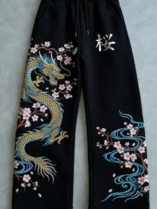 Trendy Men's Hanfu Sweatpants, Elegant Gold Dragon Cherry Blossom Embroidery, Loose Straight Fit, Conceals Fat, Slimming, Not Picky About Leg Shape