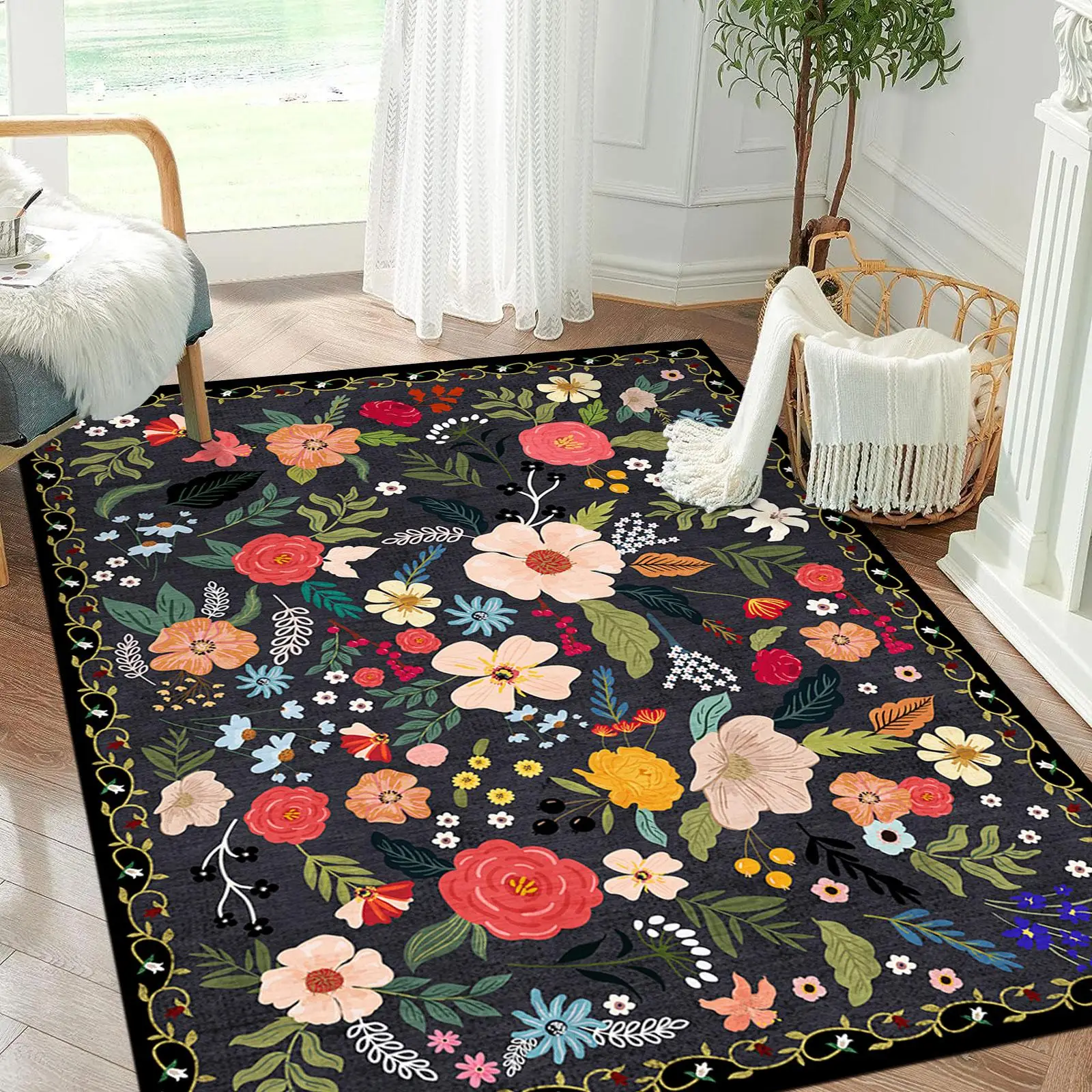 Floral Pattern Floor Mat, 1 Count Non-slip Soft Comfortable Floor Carpet, Decorative Rug, Decorative Area Rug for Home Living Room Bedroom, Home Decor