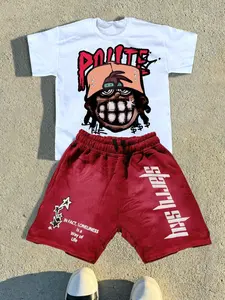 Men's Street Style Print Set, Cartoon Graffiti T-Shirt & Star Shorts, Soft Breathable Cotton, Casual Summer