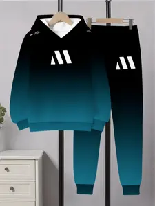 Boys' Gradient Color 3D Print Casual Hoodie & Pants Set, Outdoor Sports Wear, Sports Suit, Fitted Geometric Pattern, All Seasons
