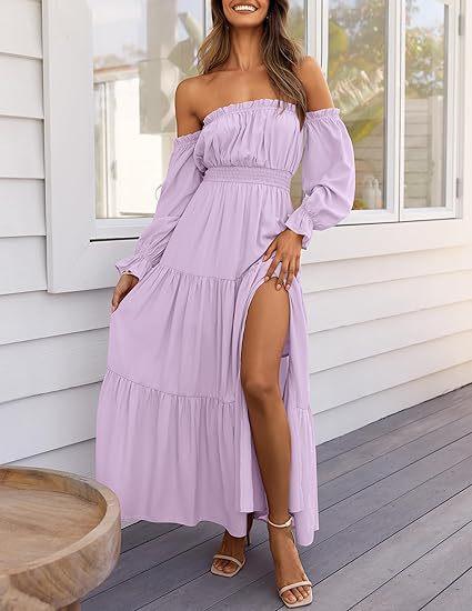 Women's Off The Shoulder Maxi Dress Puff Long Sleeve Ruffle High Slit Boho Flowy Tiered Long Dresses for Summer Party Beach