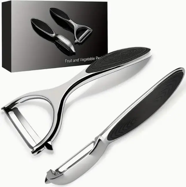 2-Piece Stainless Steel Blade Peelers Set - Manual, Mini Kitchen Peelers, Straight Blade, Lightweight Non-Slip Handle, Food-Contact Safe, Potato/Carrot Peeling Tool with Built-In Eye Remover