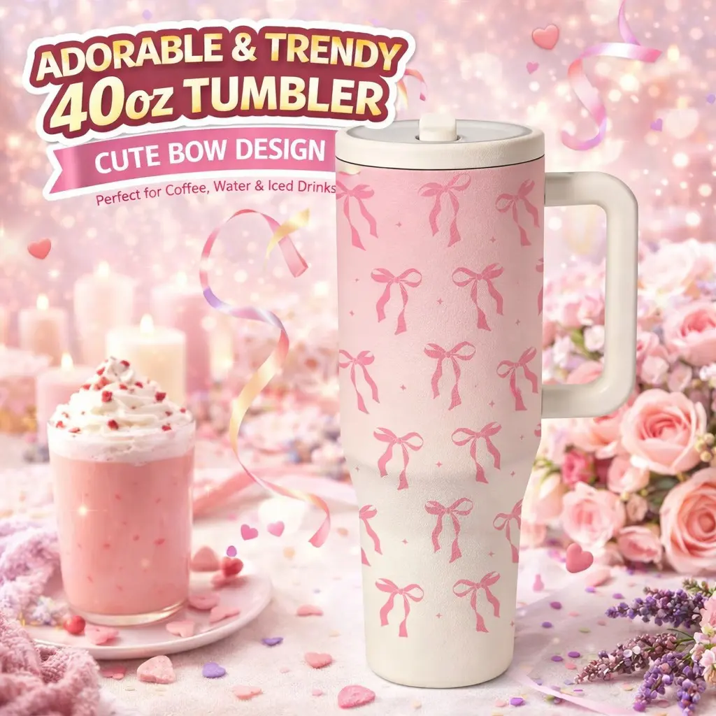 AuraCup 1pc 40oz Vacuum Insulated Tumbler with Handle, Daily Carry Tumbler, Pink Bow Pattern Stainless Steel Tumbler with Lid and Straw, Large Capacity Travel Coffee Cup, Iced Drink Tea Water Mug, Daily Use Gift, Thermal Tumbler