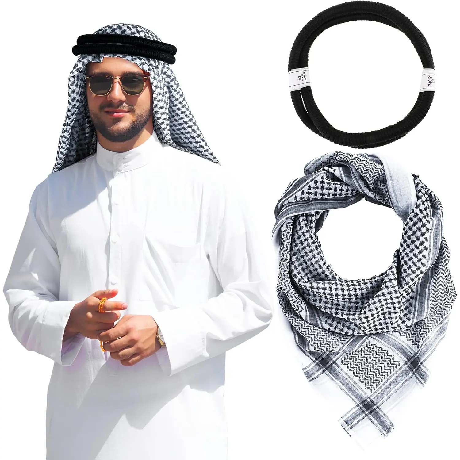 Arab Shemagh Muslim Keffiyeh Head Wrap Scarf Arabic Tactical Desert Headwear with Aqel Rope Halloween Costume Accessories Hoolerry