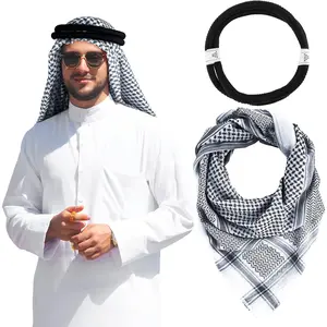 Arab Shemagh Muslim Keffiyeh Head Wrap Scarf Arabic Tactical Desert Headwear with Aqel Rope Halloween Costume Accessories Hoolerry