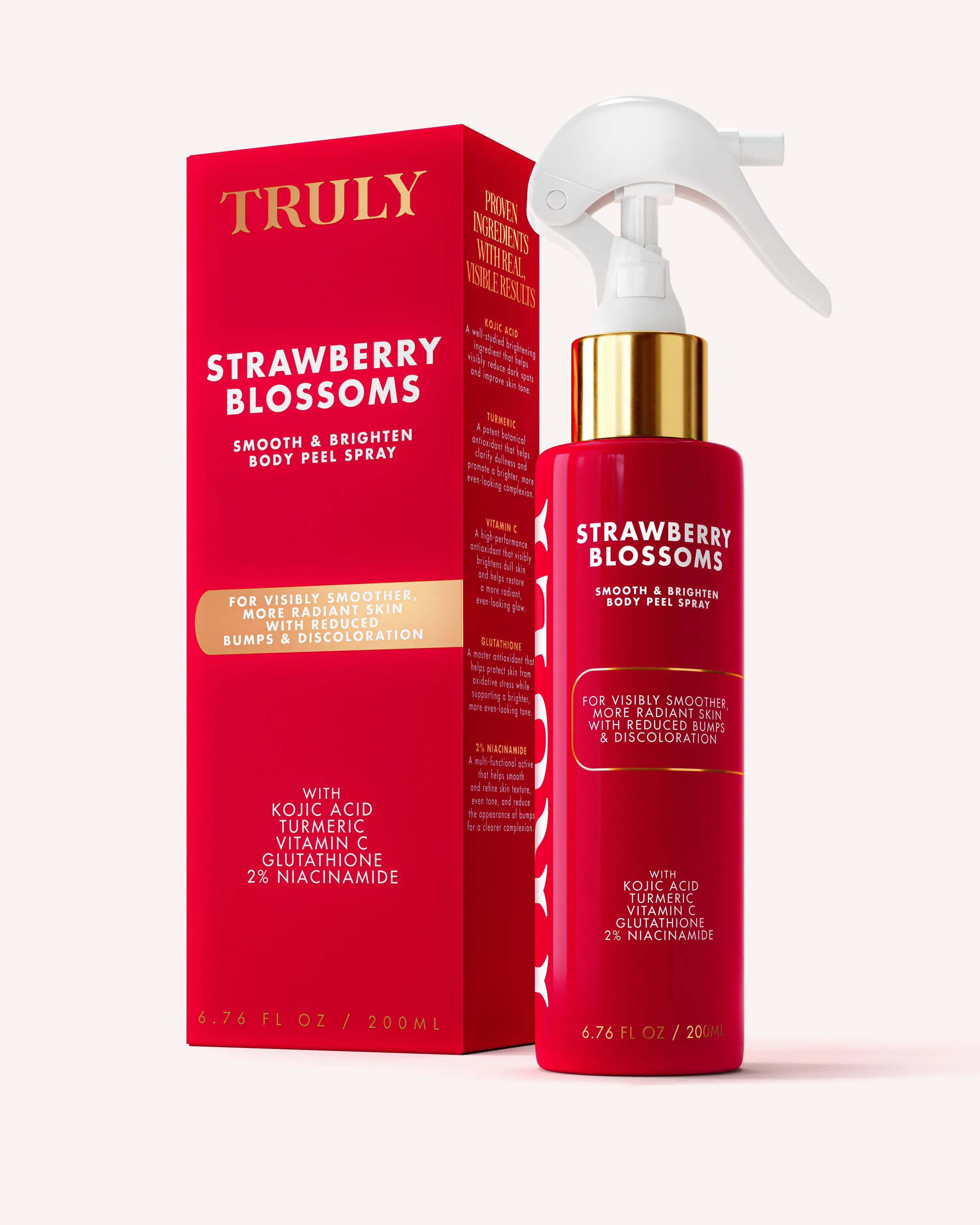 Strawberry Blossom Smooth & Brighten Body Peel Spray – Exfoliating Spray to Remove Dead Skin & Improve KP, Dark Spots, Rough Skin –  Kojic Acid, Niacinamide, Turmeric  – Fast Acting Formula for Visible Results