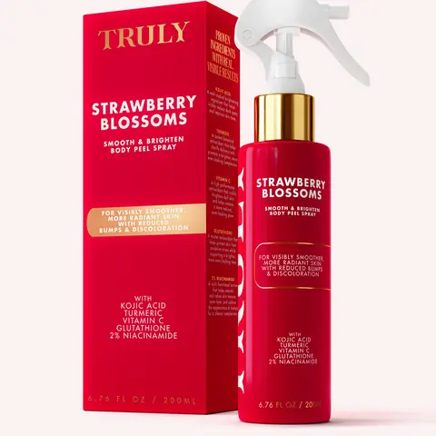Strawberry Blossom Exfoliating Body Care Peel Spray – Dark Spot & Discoloration Corrector, Remove Dead Skin & Improve KP, Rough Skin & Hyperpigmentation –  Kojic Acid, Niacinamide, Turmeric  – Fast Acting Formula for Visible Results
