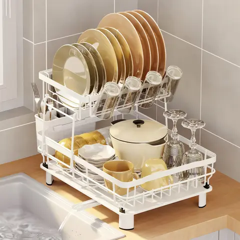2 Tier Kitchen Dish Drying Rack w/ Utensil Holder & Drain Cutlery Holder Plate Rack Cup Knife Sleeve Drainer Board Durable Anti -Rust Easy to Install  Perfect Size Great Value Sturdy Classy Organiser Daily Essentials