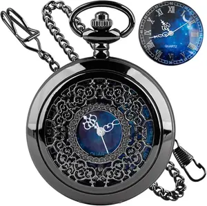Tiong Hollow Blue Star Design Roman Numerals Quartz Pocket Watch with Chain for Christmas