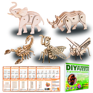 Hands Craft 3D Wooden Puzzle Grassland Animal Set - DlY Assembly Brain Teaser Kit with Elephant,Rhino, Ant, Mantis & Scorpion, Educational STEM Toy for Kids & Adults