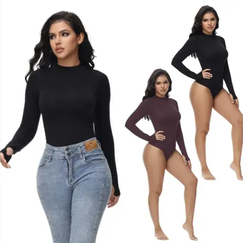 Soo Slick Women's Seamless Mockneck Long Sleeve Thong Bodysuit - Body Contouring Elastic Control Shapewear, Modern Minimalist Chic, Layering Ready, Refined Lines, Enhanced Fit for Work, Party
