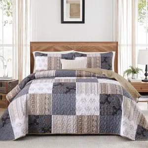 Grey Patchwork Set Queen Size,3 Pieces Brown Boho Bedspread Coverlet Set Bohemian Bedding Set Reversible Bed Cover Soft Lightweight Coverlet Set (Queen,96"x90")