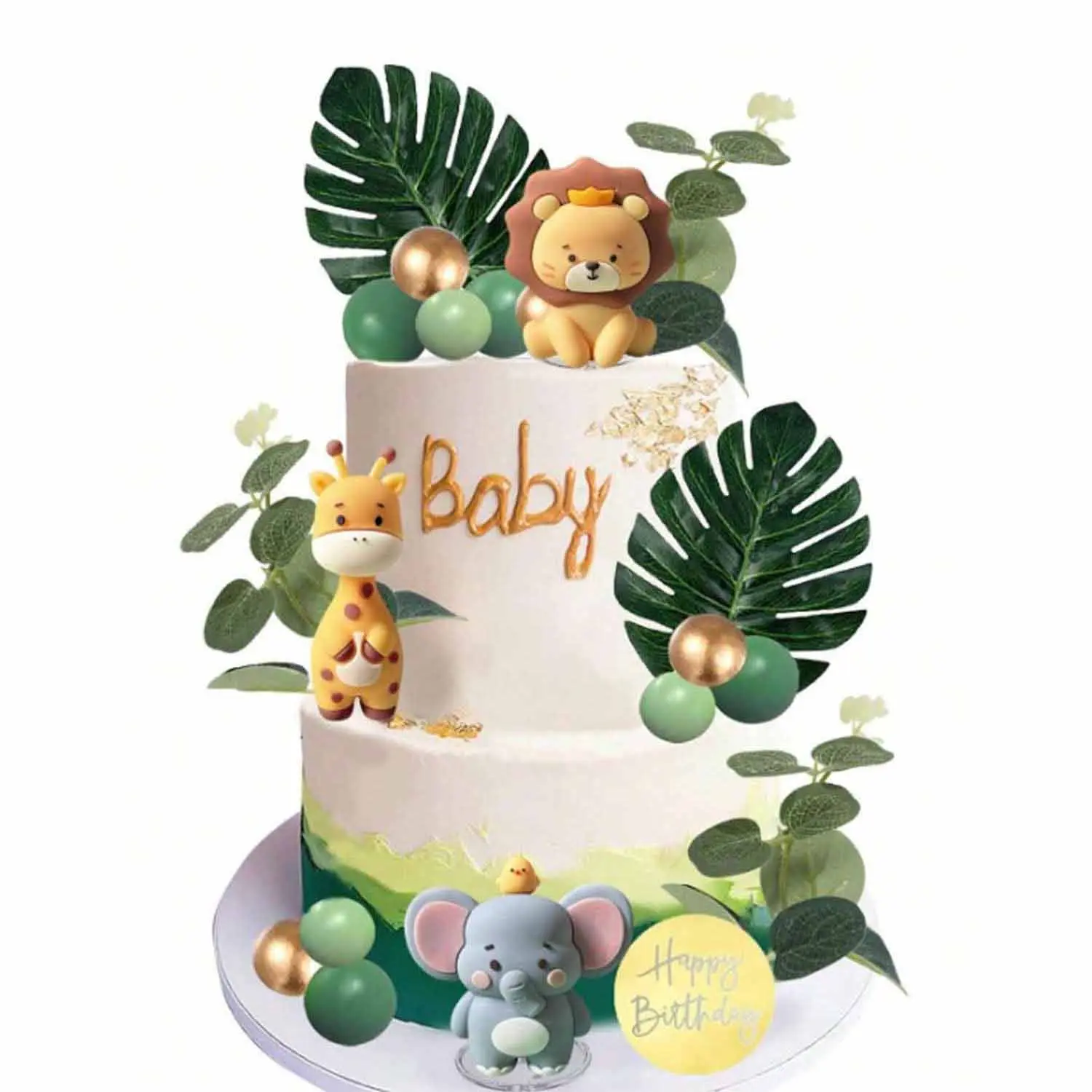 24 Animal Cake Decorations Ornaments, Lion, Elephant, Giraffe, Palm Leaf Shapes, Perfect for Wildlife Theme Birthday Cakes, Fun and Creative Design, Cake Decorating Supplies