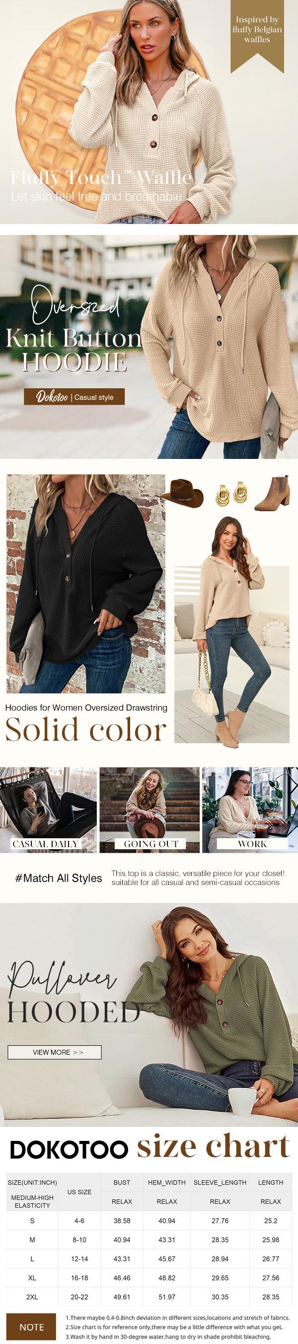 Dokotoo Hoodies for Women Waffle Knit Long Sleeve Drawstring Button V Neck Casual Pullover Sweatshirt Hooded Tops