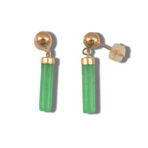 14K Yellow Gold Ball Dangle Green Jade Earrings