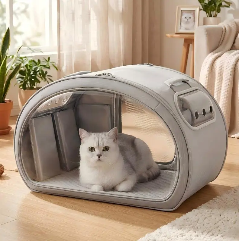 Pecute Foldable Cat House & Carrier, Modern Cooling House with Fiberglass Rods, Full-View Bubble Window, 6 Ice Packs, Aluminum Insulation, Sturdy Frame, Detachable Blanket, Folds Flat for Vet Visits & Travel