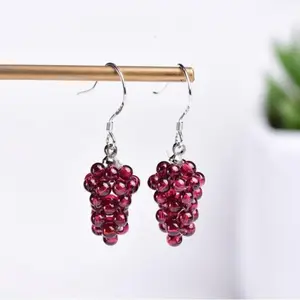 Handmade Natural Garnet Grape Shaped Dangle Drop Earrings Bohemian Vintage for Women Trendy Jewelry Gift