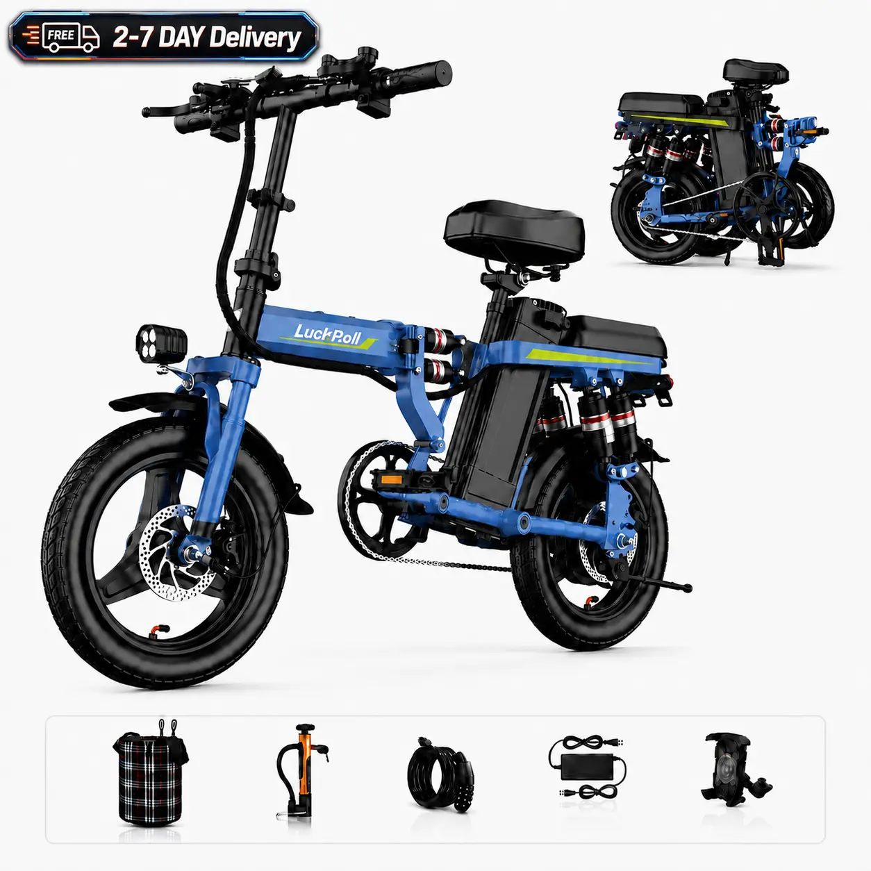 14" Compact Ebike for Adults, 1000W Peak Foldable Bicycle (Blue), 50 Mi Range, UL2849 Certified Quick Cruise Urban Portable E-Bike