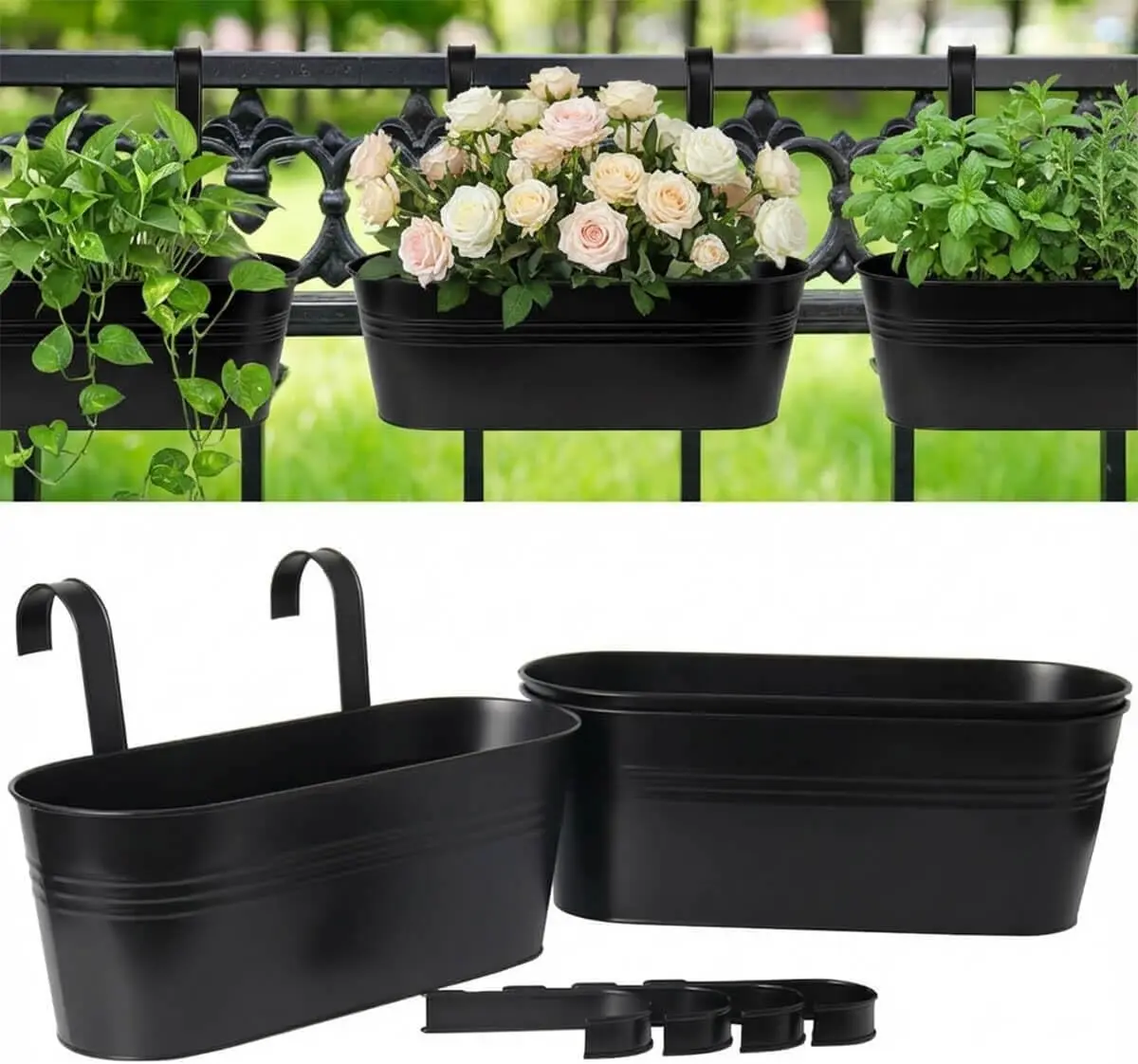 3-Piece Set Pack Hanging Mount Metal Pots - 16 in Oval Shape Railing Planter for Outdoor Plants, Large Balcony Fence Home Garden Rail Pots with Detachable Hooks, Drain Holes, Black, Three Piece Sets