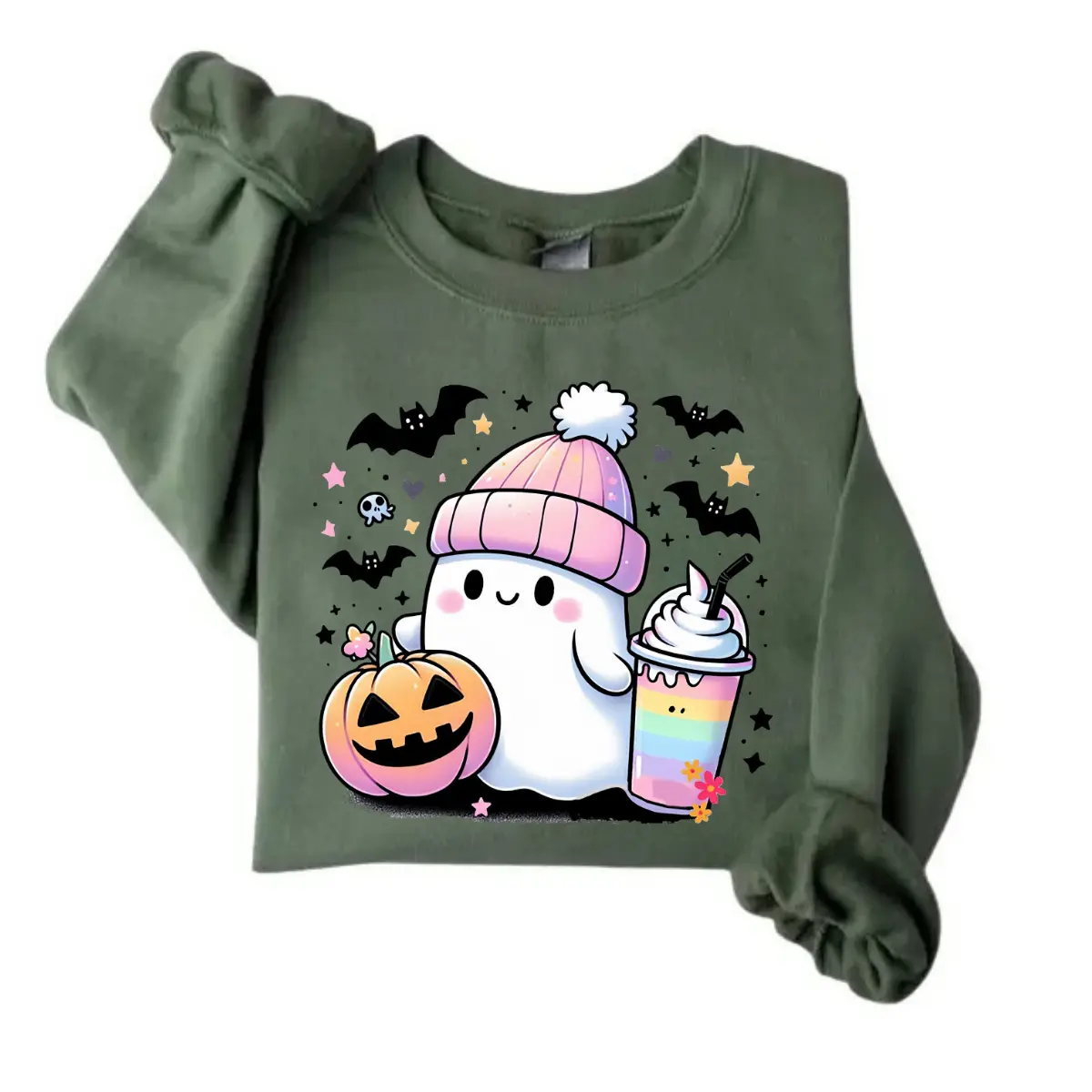 Cute Ghost Pumpkin Sweatshirt- Kawaii Ghost With Pink Beanie Rainbow Coffee Graphic Women's Crewneck Pullover, Cozy Fall Halloween Top Womenswear